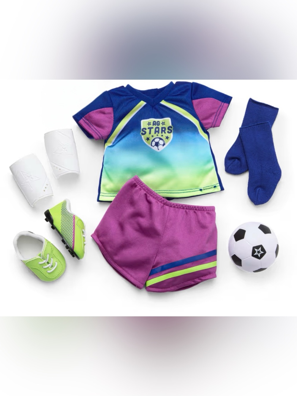 American Girl Soccer Outfit Set - Blue, Purple, Lime Green, White